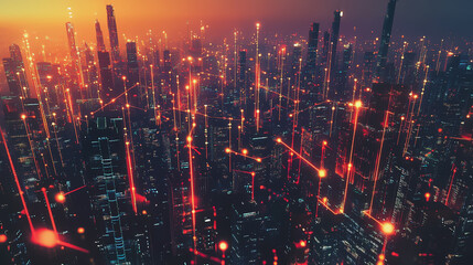 Obraz premium Smart digital Innovation city with connection network reciprocity over the cityscape. of future smart wireless digital city and social media networking systems that connects people with in city