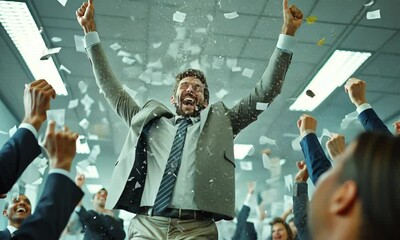 A jubilant business celebration with confetti and excitement in an office setting.