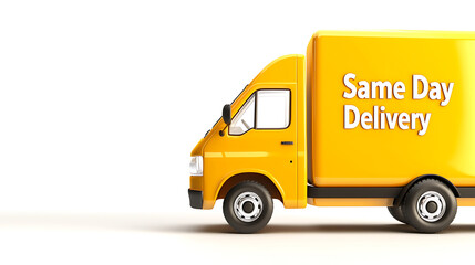 bright yellow delivery truck emphasizes same day delivery service, showcasing efficiency and speed