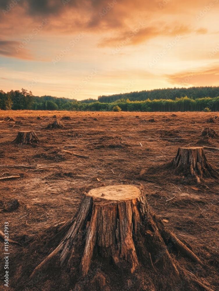 Poster deforestation in a once lush landscape with tree stumps visible under a golden sunset sky. generativ