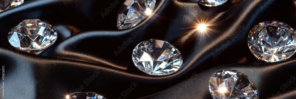 Aufkleber Sparkling diamonds arranged elegantly on luxurious black fabric with ample space for text and design. Generative AI