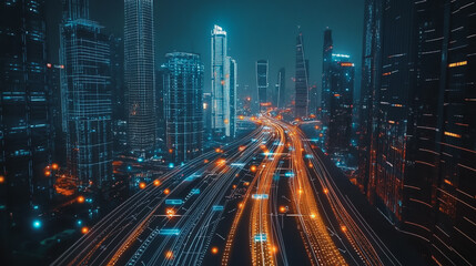 Fototapeta premium Smart digital Innovation city with connection network reciprocity over the cityscape. of future smart wireless digital city and social media networking systems that connects people with in city