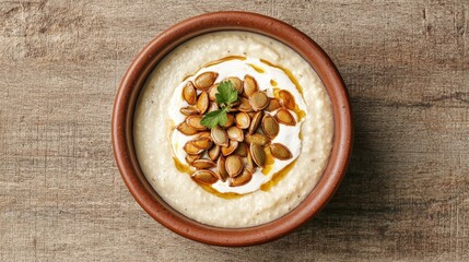 Fototapeta premium A creamy dip served in a bowl, garnished with pumpkin seeds and a drizzle of sauce, resting on a rustic wooden surface.