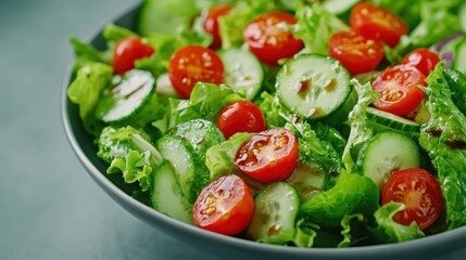 A vibrant salad bowl featuring fresh lettuce, sliced cucumbers, and cherry tomatoes tossed together for a healthy meal option.