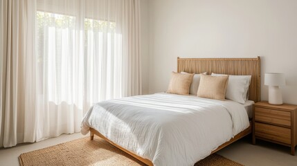 A serene, minimalist bedroom featuring a wooden bed, soft linens, and natural light filtering through sheer curtains.