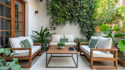 Fototapeta premium A serene outdoor seating area featuring wooden furniture, plush cushions, and lush greenery, perfect for relaxation and socializing.