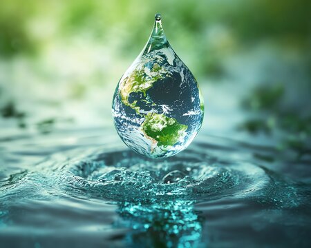 World Water Day, symbolic water droplet shaped planet Earth, clear water flowing, global environmental protection, bluegreen hues, conservation message, digital concept art