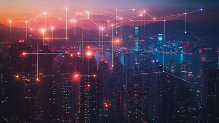 Fototapeta premium Smart Innovation city with connection cyber security network reciprocity over the night cityscape future wireless digital city and social media networking systems that connects people in the city