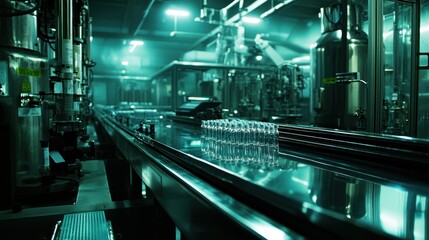 Obraz premium A modern industrial facility with glass bottles on a conveyor belt in a production environment.