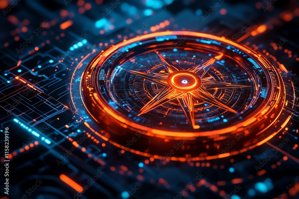 Aufkleber A futuristic compass design with glowing elements on a digital circuit background.
