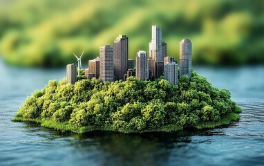 Obraz premium Ecoconscious city development, sustainable urban planning with renewable energy, solar and wind technology, lush green environments, smart energy solutions, digital art concept