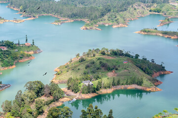 Serene landscape of tranquil waters, lush greenery, and soaring birds. A breathtaking view of nature's beauty.