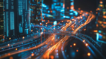Fototapeta premium Smart Innovation city with connection cyber security network reciprocity over the night cityscape future wireless digital city and social media networking systems that connects people in the city