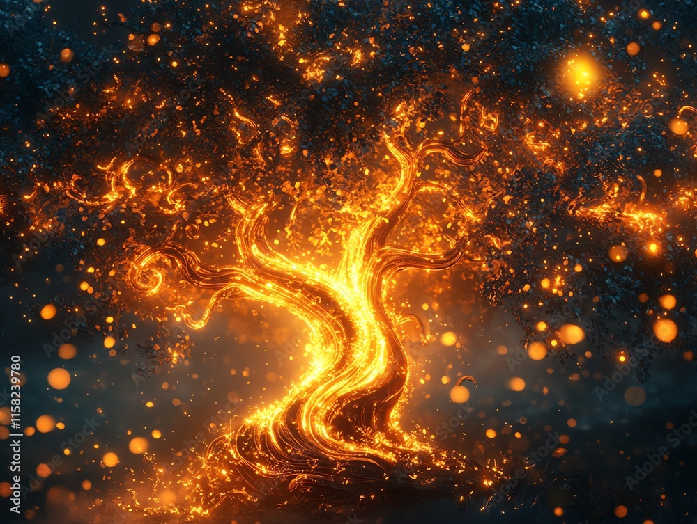 Aufkleber a glowing, magical tree with fiery branches and sparkling orbs in a mystical setting.