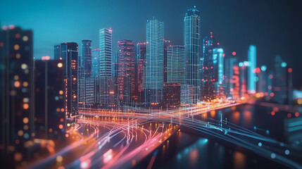 Smart Innovation city with connection cyber security network reciprocity over the night cityscape future wireless digital city and social media networking systems that connects people in the city