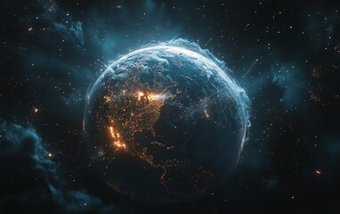 Futuristic global network, Earth with data lines and cyber technology systems, realtime communication, global data transfer, virtual connectivity, AIgenerated visualization