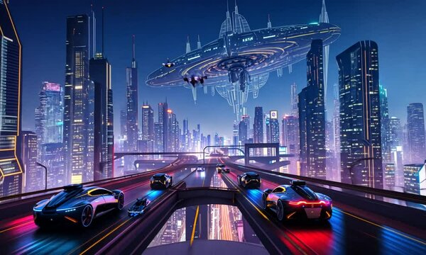 "Futuristic Cityscape: A Vision of Tomorrow with Sleek, Hovering Cars Gliding Above Elevated Roads, Surrounded by Tall, Modern Skyscrapers, Neon Lights, and Advanced Technology, All Under a Bright