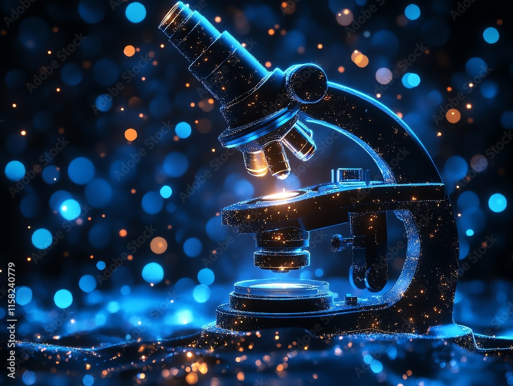 Poster A glowing microscope surrounded by shimmering particles, emphasizing scientific exploration.