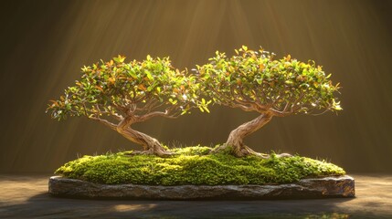 A beautifully crafted bonsai tree arrangement on a moss-covered base, illuminated by soft light.