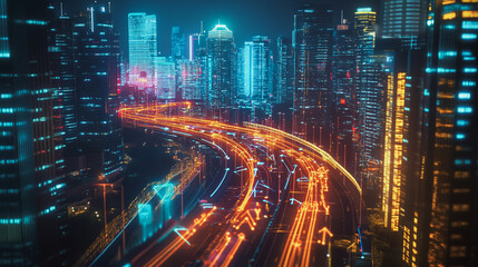 Smart Innovation city with connection cyber security network reciprocity over the night cityscape future wireless digital city and social media networking systems that connects people in the city