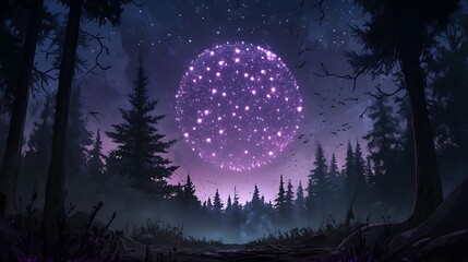 Mystical Purple Orb Hovers Over Night Forest - Digital Painting AI Generated