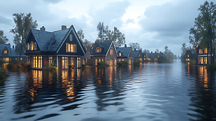 Obraz premium Houses submerged in floodwaters at dusk.