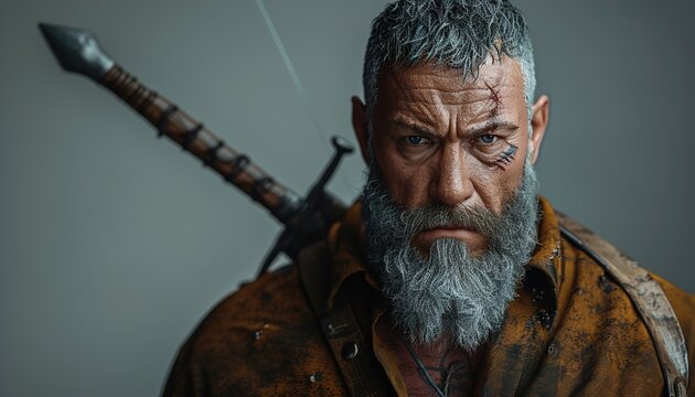 Portrait of cool brave angry hunter with gray hair beard mustache, teeth, scar on his cheek