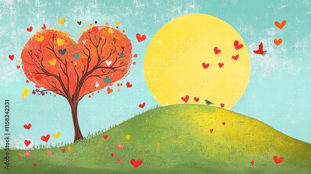 Aufkleber whimsical hand drawn valentines day design featuring a heart shaped tree and cheerful sun for creati
