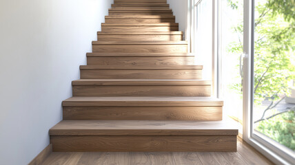 Fototapeta premium Quiet space featuring a modern wooden staircase and large windows