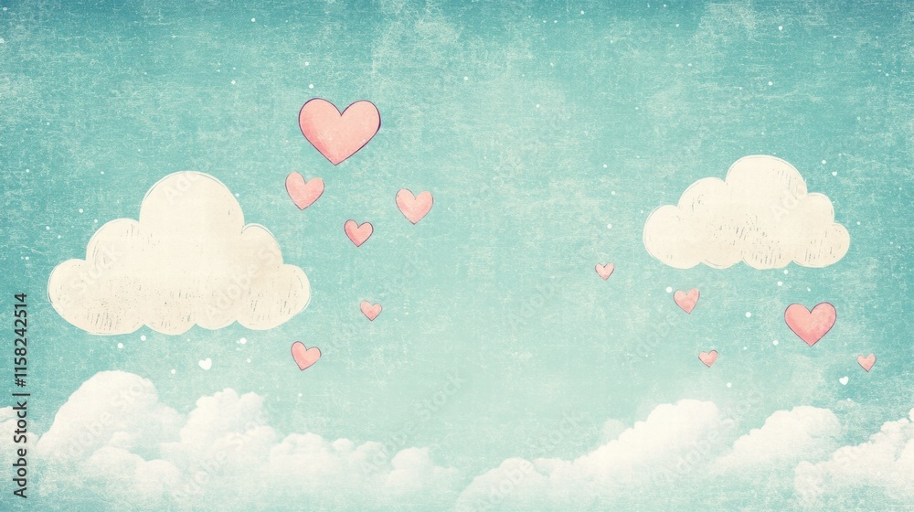 Aufkleber whimsical valentines day design featuring clouds and floating hearts with copy space for text placem