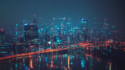 Obraz premium Smart Innovation city with connection cyber security network reciprocity over the night cityscape future wireless digital city and social media networking systems that connects people in the city