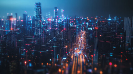 Obraz premium Smart Innovation city with connection cyber security network reciprocity over the night cityscape future wireless digital city and social media networking systems that connects people in the city