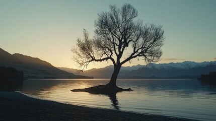 A solitary tree stands by a tranquil lake at sunset, reflecting nature's serene beauty.