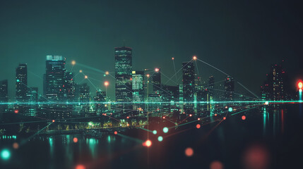 Obraz premium Smart Innovation city with connection cyber security network reciprocity over the night cityscape future wireless digital city and social media networking systems that connects people in the city