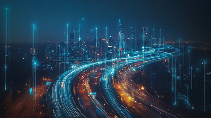 Fototapeta premium Smart Innovation city with connection cyber security network reciprocity over the night cityscape future wireless digital city and social media networking systems that connects people in the city