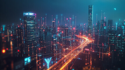 Smart Innovation city with connection cyber security network reciprocity over the night cityscape future wireless digital city and social media networking systems that connects people in the city