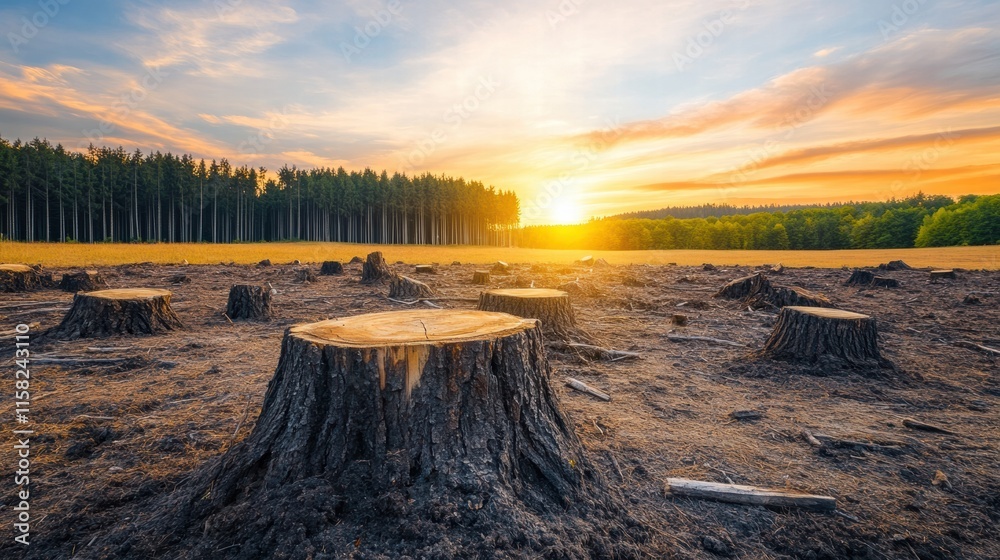 Aufkleber deforested landscape with tree stumps under a colorful sunset in a once lush forest area. generative