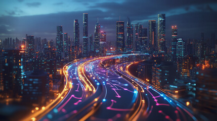 Smart Innovation city with connection cyber security network reciprocity over the night cityscape future wireless digital city and social media networking systems that connects people in the city