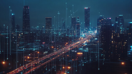 Smart Innovation city with connection cyber security network reciprocity over the night cityscape future wireless digital city and social media networking systems that connects people in the city