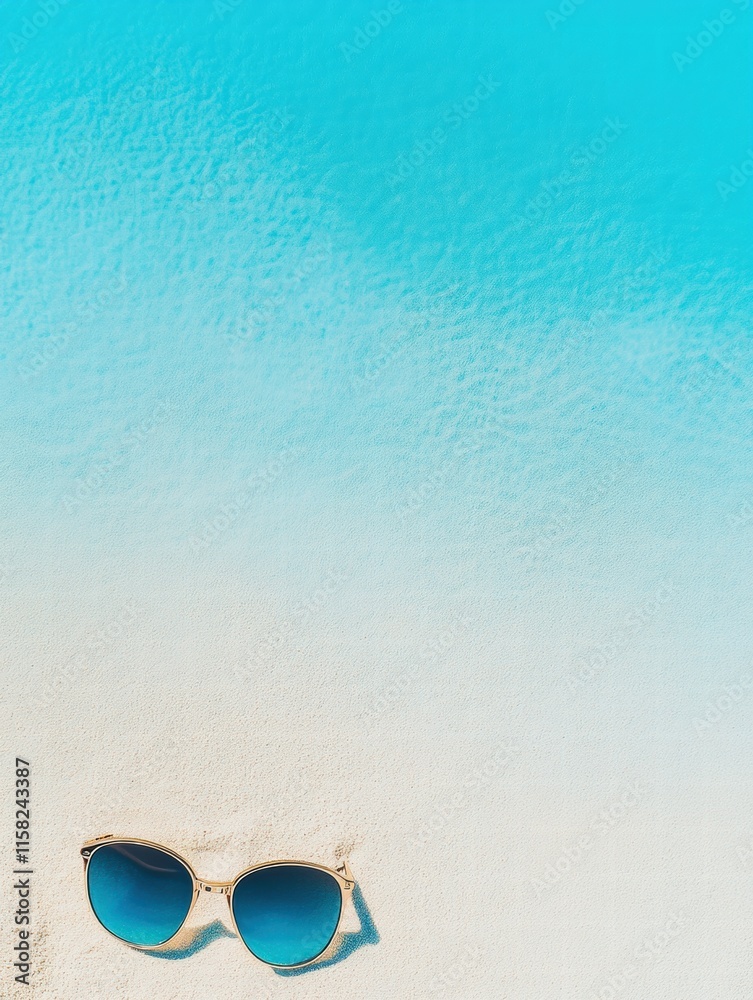 Poster sunglasses resting on soft sand with a vibrant blue ocean in the background perfect for summer relax