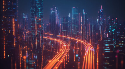 Fototapeta premium Smart Innovation city with connection cyber security network reciprocity over the night cityscape future wireless digital city and social media networking systems that connects people in the city