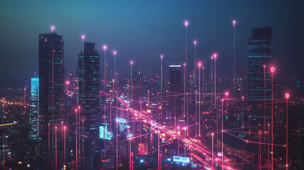 Obraz premium Smart Innovation city with connection cyber security network reciprocity over the night cityscape future wireless digital city and social media networking systems that connects people in the city