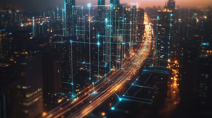 Smart Innovation city with connection cyber security network reciprocity over the night cityscape future wireless digital city and social media networking systems that connects people in the city
