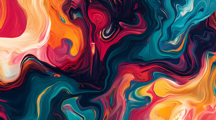 Obraz premium Abstract Swirls of Color: A mesmerizing abstract painting with vibrant shades of red, orange, yellow, blue, and green swirling and blending in a captivating dance of color and form. 