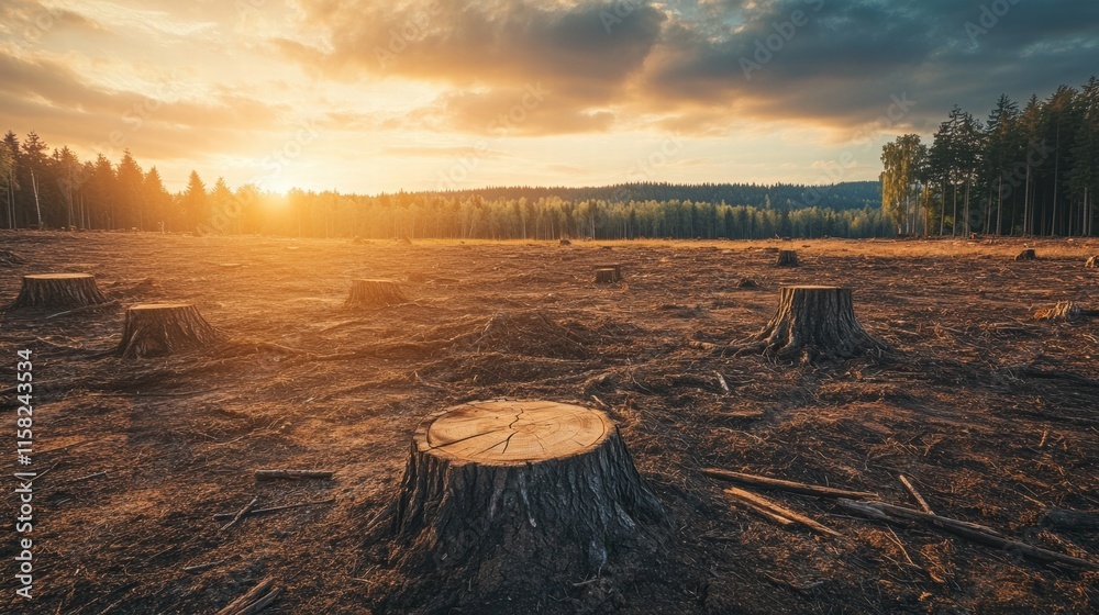 Poster deforested area with tree stumps under a vibrant sunset sky creating an impactful landscape. generat