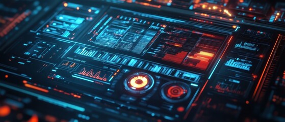 High-tech digital interface displaying data analysis in a futuristic design at night