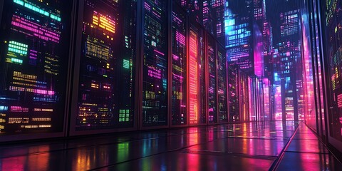 A futuristic data center with vibrant neon lights and reflective surfaces.