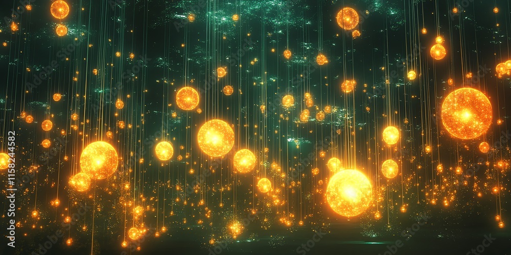 Poster a mesmerizing scene of glowing orbs suspended in a dark, ethereal environment.