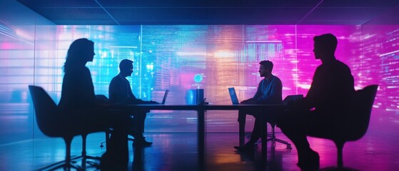 Business meeting in a modern office with vibrant digital visuals at night with team members collaborating around a table