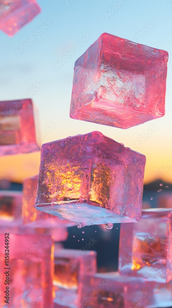 Aufkleber floating pink ice cubes with a soft background, creating a refreshing and vibrant atmosphere.
